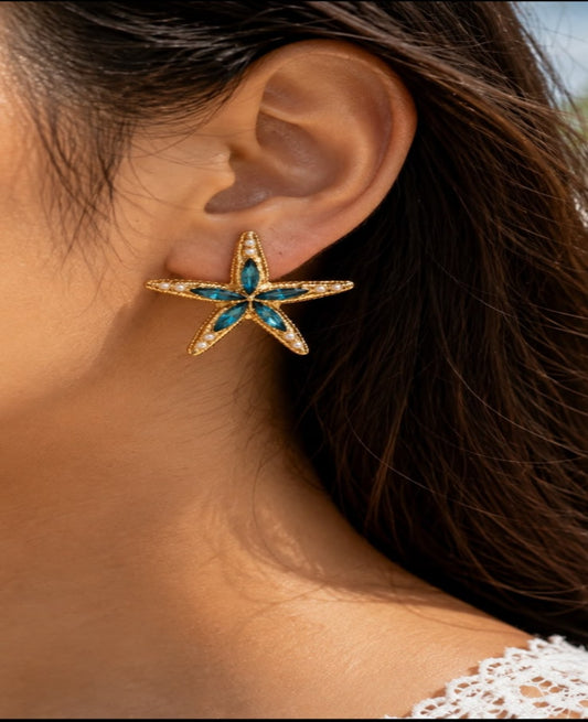 Aqua Starfish Pearl Earrings