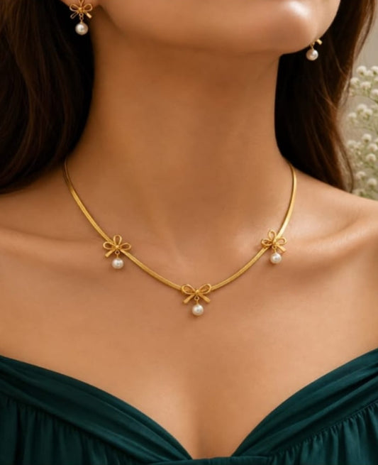 Golden Bow And Pearl Charm Set