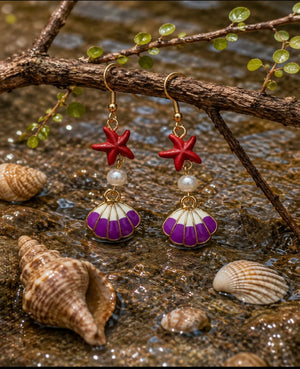 Coral Starfish And Pearl Drop Earring
