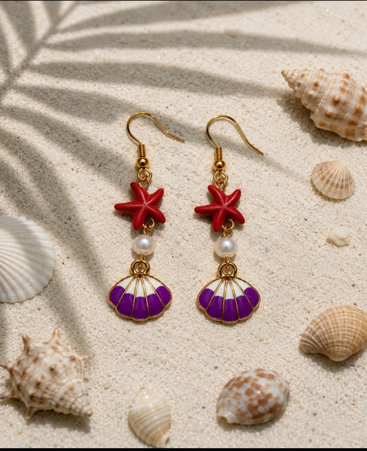 Coral Starfish And Pearl Drop Earring
